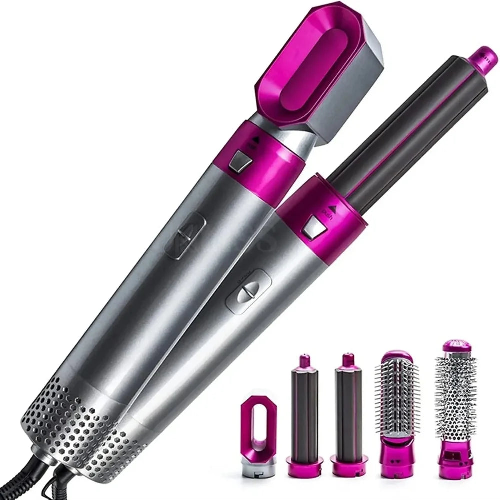 5-in-1 hot air styler silver pink body with 5 detachable heads curling barrels brushes nozzle