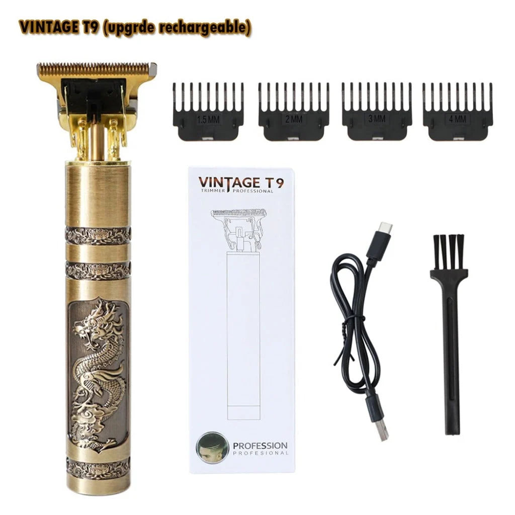 Vintage T9 upgrade rechargeable gold dragon trimmer with 4 combs 1.5mm 2mm 3mm 4mm USB cable and brush