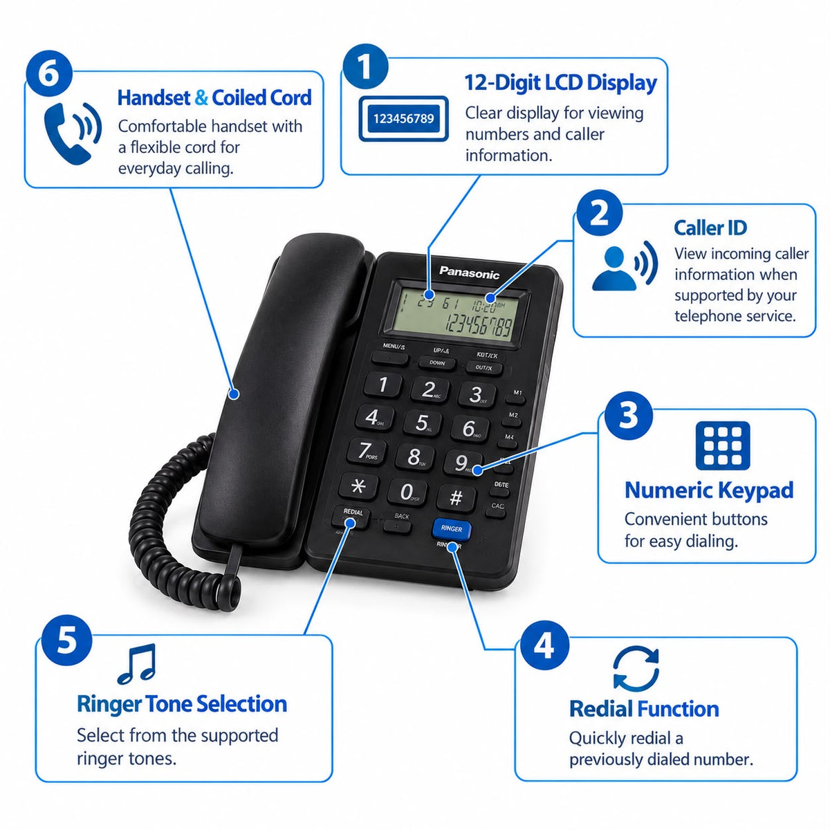 Panasonic KX-TSC2016CID Black Corded Landline Telephone with Caller ID