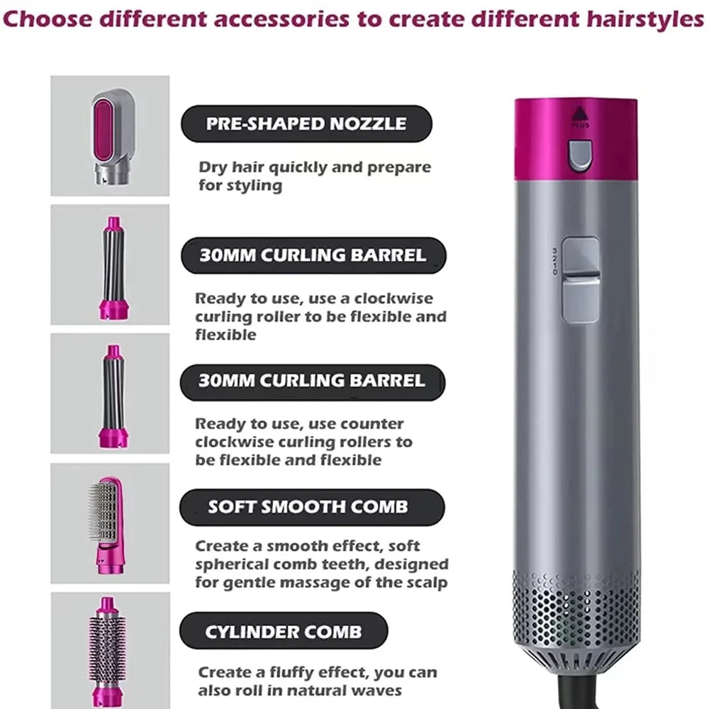 5-in-1 hot air styler attachments guide pre-shaped nozzle curling barrels soft comb cylinder comb