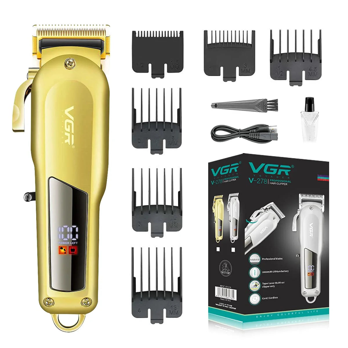 VGR V-278 gold professional hair clipper full set with 6 guide combs USB cable brush and original box