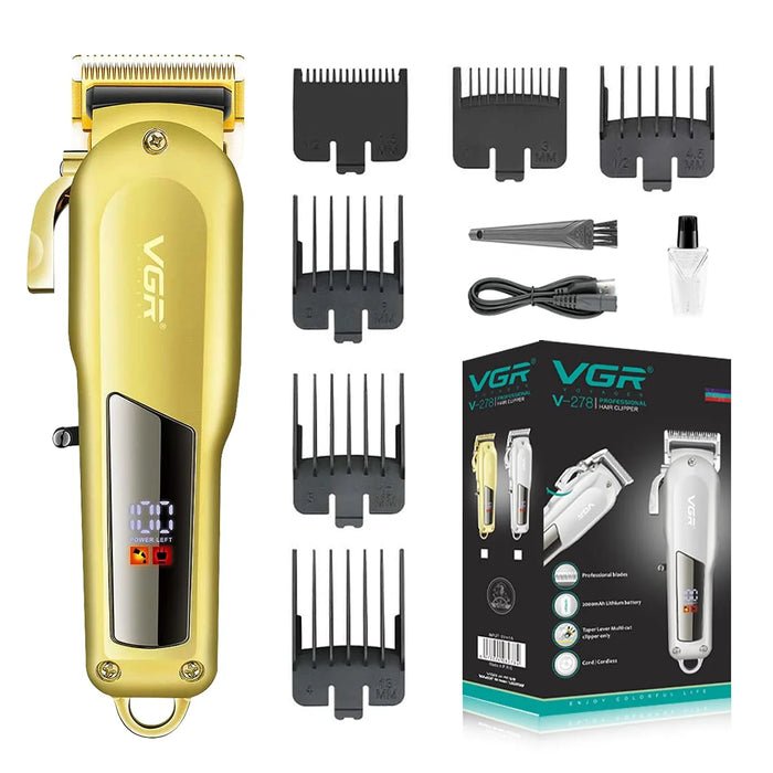 VGR V-278 gold professional hair clipper full set with 6 guide combs USB cable brush and original box