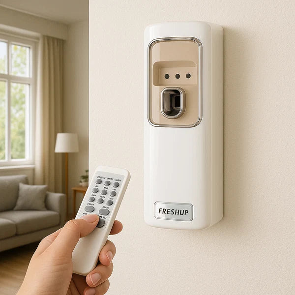 Freshup automatic air freshener dispenser wall mounted with remote control in living room