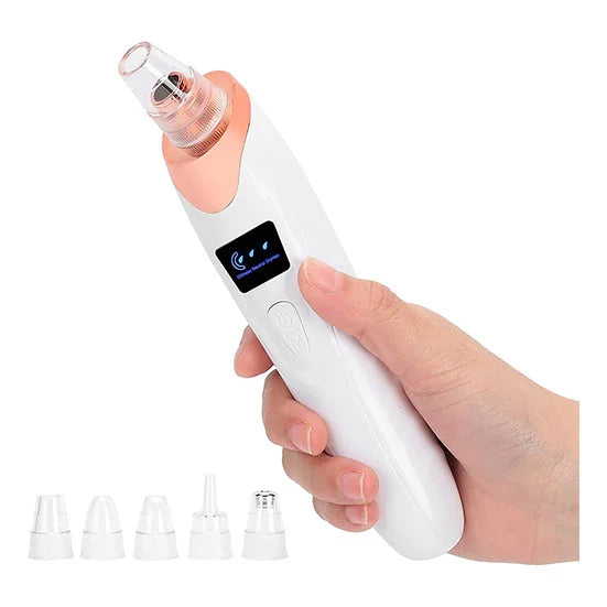 Electric Blackhead Remover held in hand with suction heads displayed