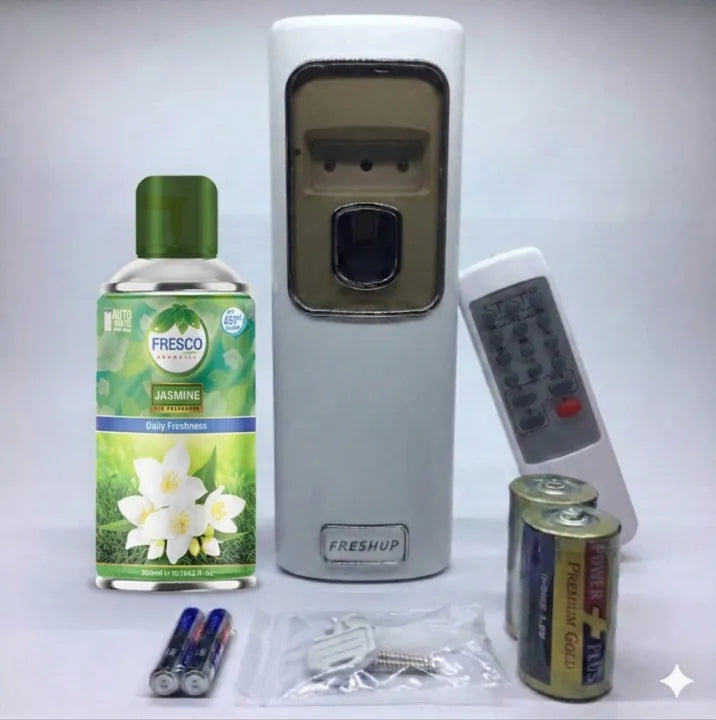 Freshup automatic air freshener dispenser with remote control Fresco Jasmine refill batteries and wall screws complete set