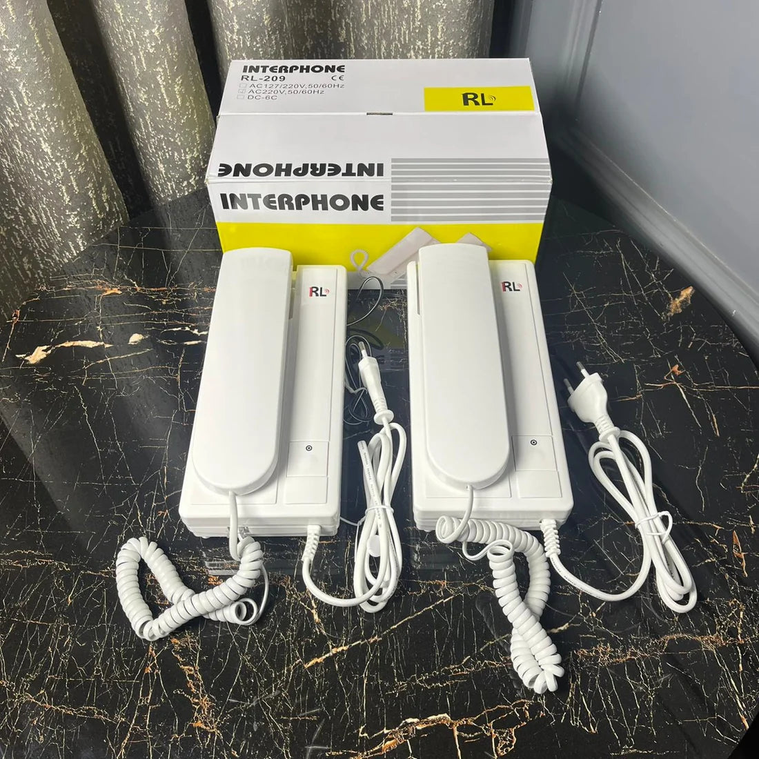 RL-209 Interphone 2-unit wired intercom system with original box power adapters and coiled handset cables