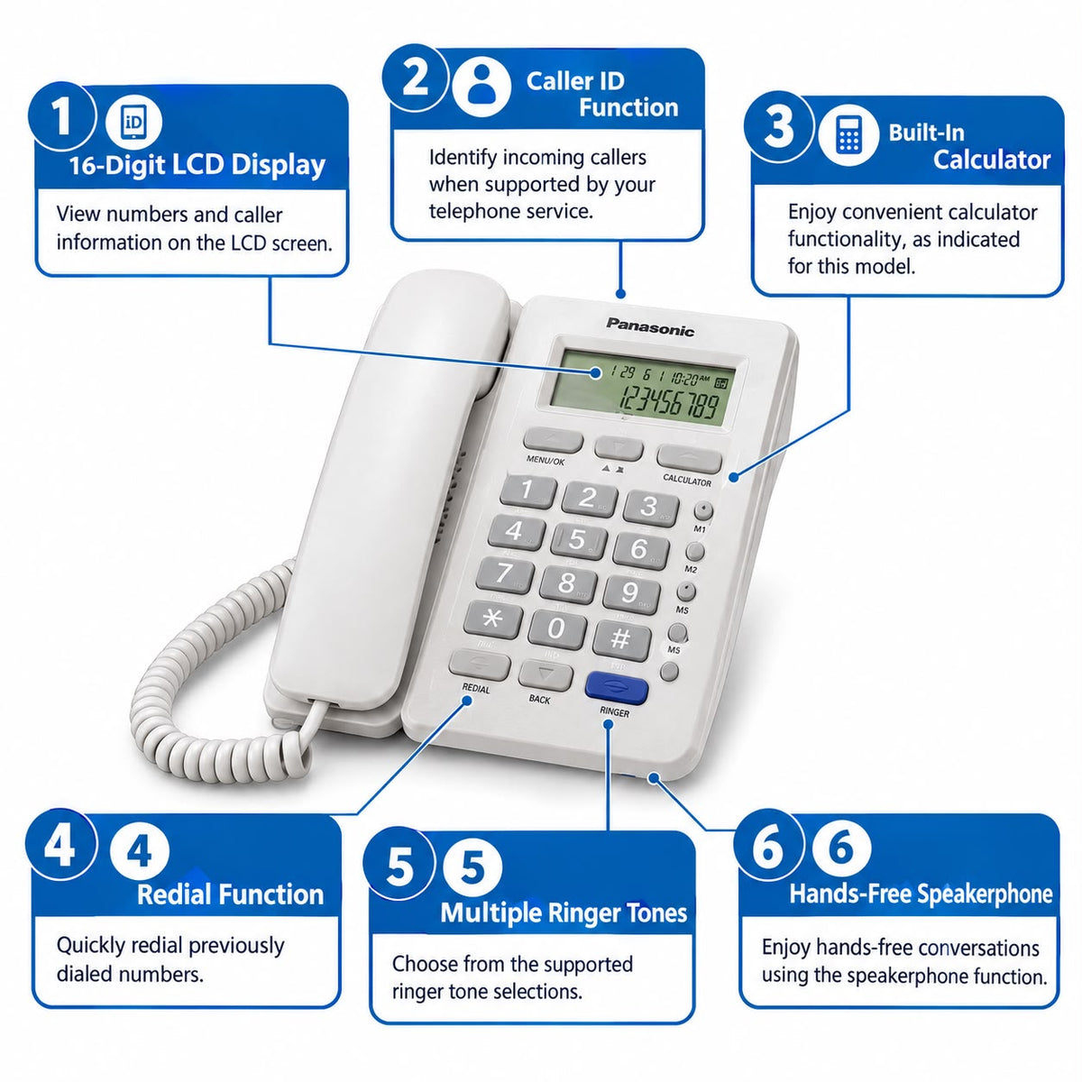 Panasonic KX-TSC 947 CID White Corded Landline Telephone with Caller ID &amp; Calculator