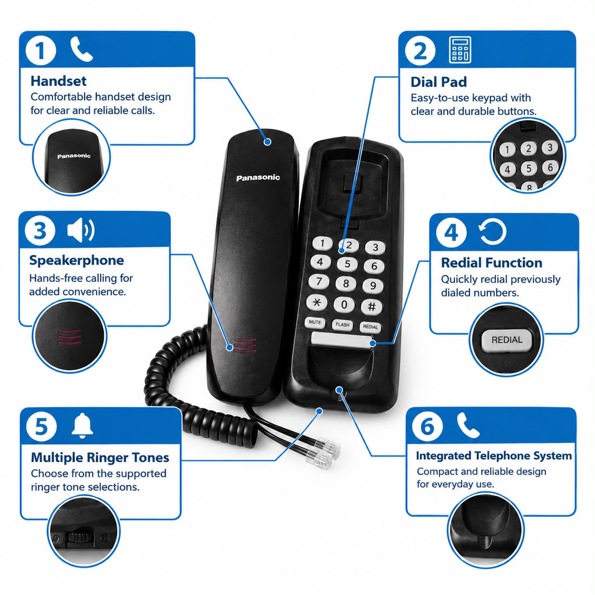 Panasonic KX-TSC206 Black Corded Landline Telephone