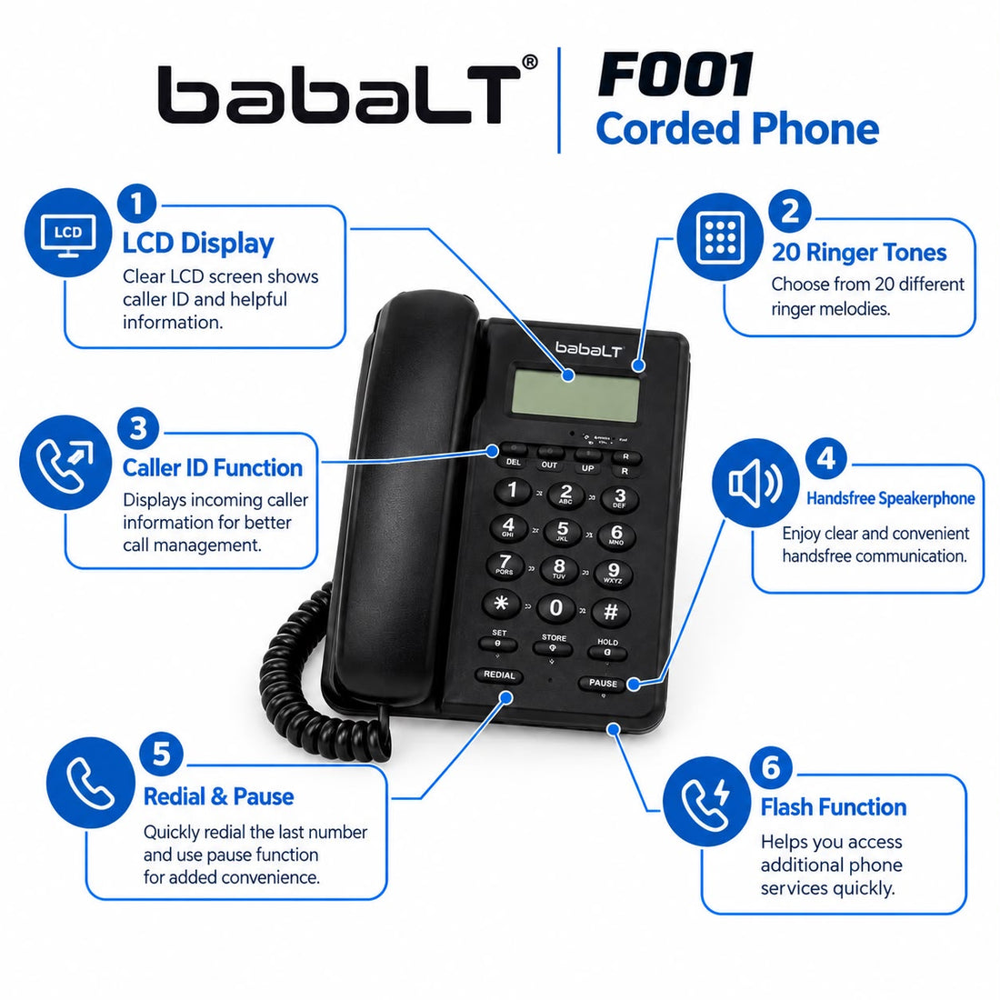 BabalT F001 Black Corded Landline Telephone with Caller ID & LCD Display